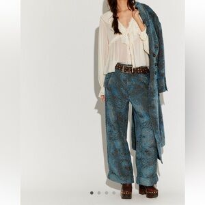 Free People Teal Paisley Wide-Leg Trousers